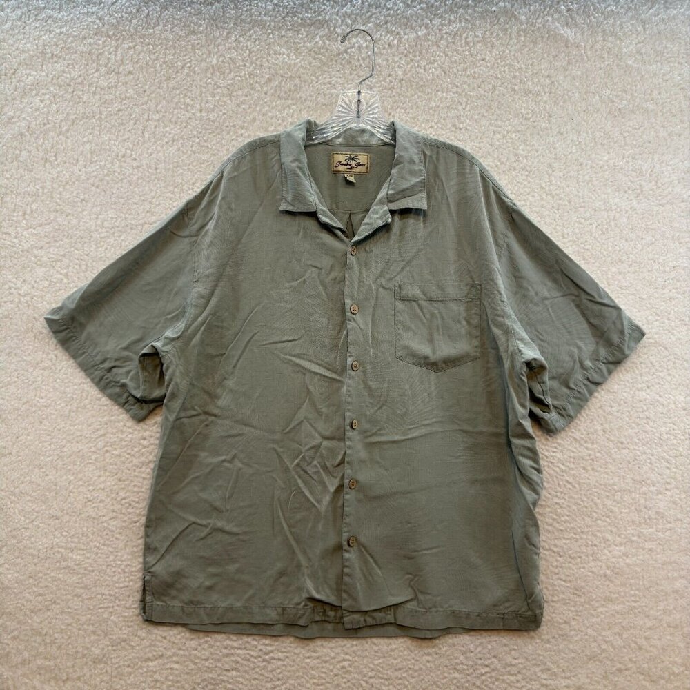 Jamaica Jaxx Silk Hawaiian Button Shirt XL Olive Khaki Green Palm Tropical Loop
